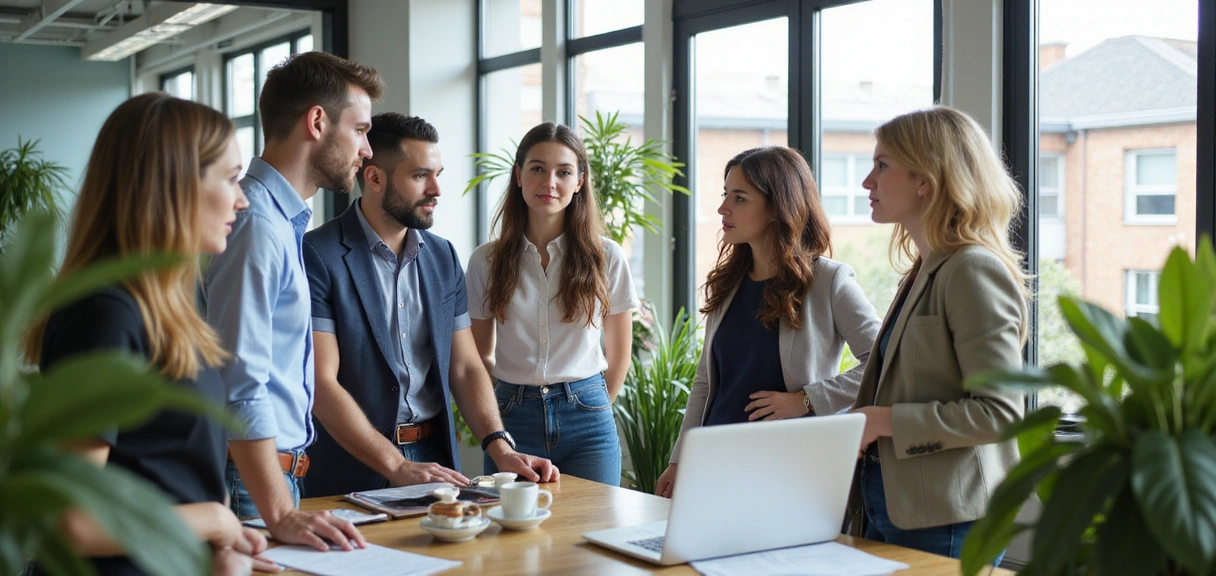 VitaVox team collaborating in a modern, bright office, surrounded by health and nature-inspired elements, symbolizing innovation and commitment.
