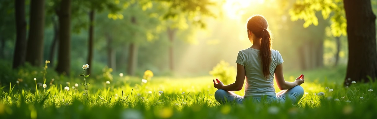 A serene image of a person meditating in a lush green garden, symbolizing health and inner peace.