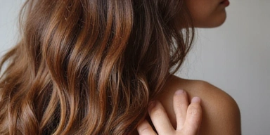 A close-up of healthy, shiny hair flowing naturally, perhaps with a hand gently touching it. Focus on texture and luster. Soft lighting. No text.