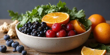 A vibrant image of a bowl filled with colorful immune-boosting foods like berries, spinach, citrus fruits, and ginger, on a rustic kitchen counter. Healthy and fresh. No text.