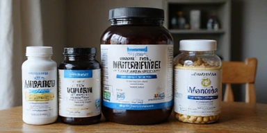 A close-up image of various men's health supplements, including vitamin bottles, protein powder, and omega-3 capsules, arranged neatly on a wooden table. Soft, natural lighting. No text.