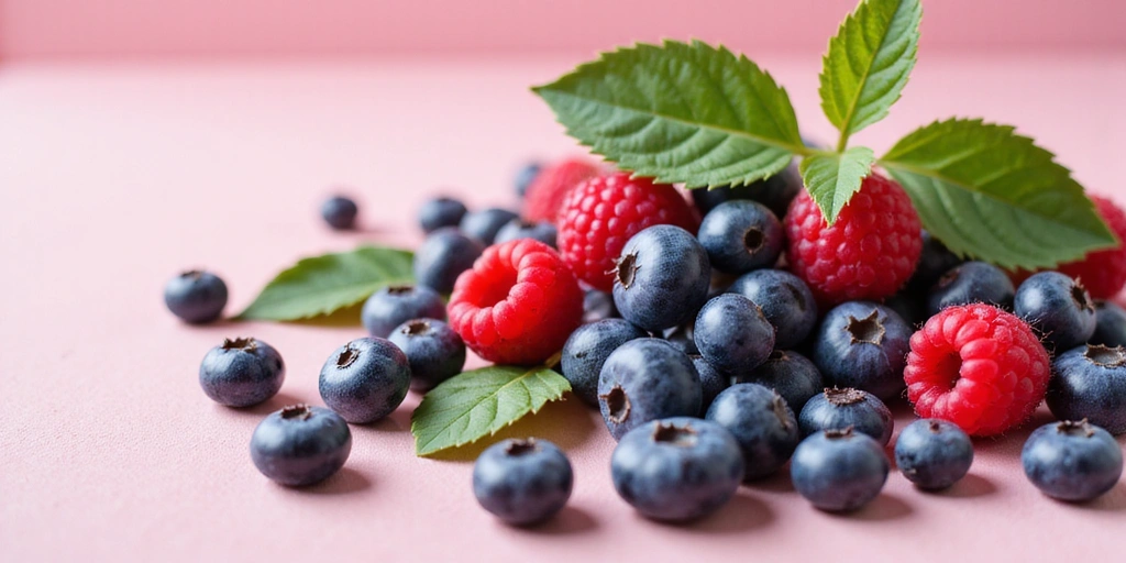 Close-up of fresh berries and green tea leaves, symbolizing powerful natural antioxidants for skincare.