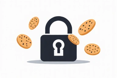 A stylized lock icon representing data security and privacy, with small cookie icons floating around it