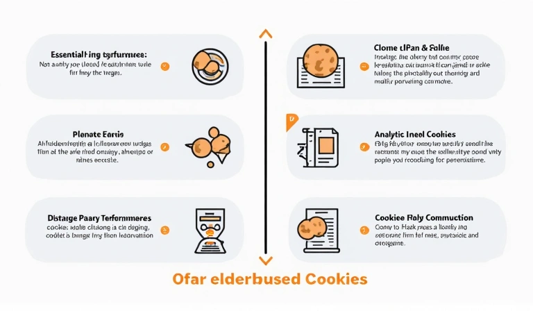 Diagram showing different categories of cookies, such as essential, analytical, and advertising, with icons representing their functions
