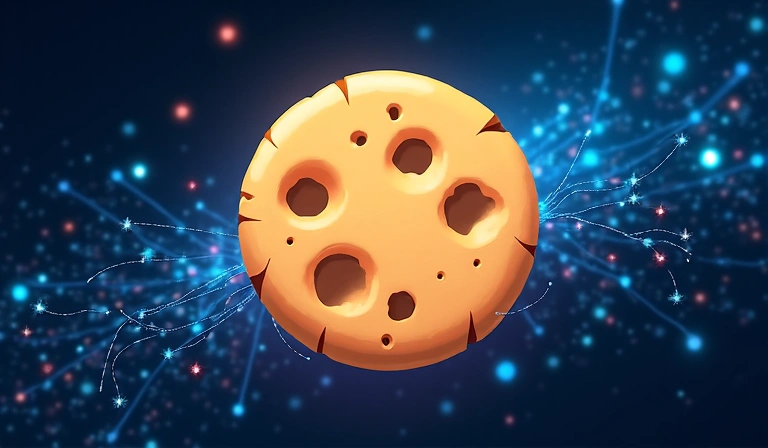 Illustration of a cookie icon with digital data flowing around it, representing data privacy and website functionality