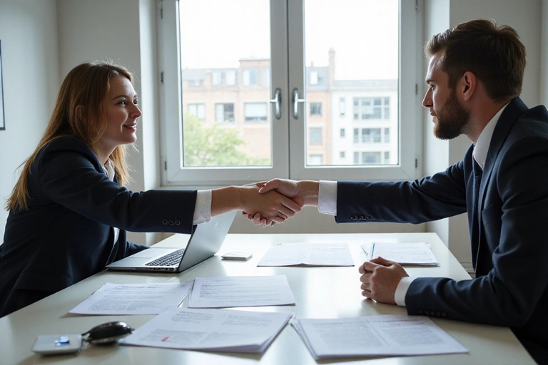 Two business people shaking hands over a table with documents and a laptop, symbolizing data sharing and partnerships.